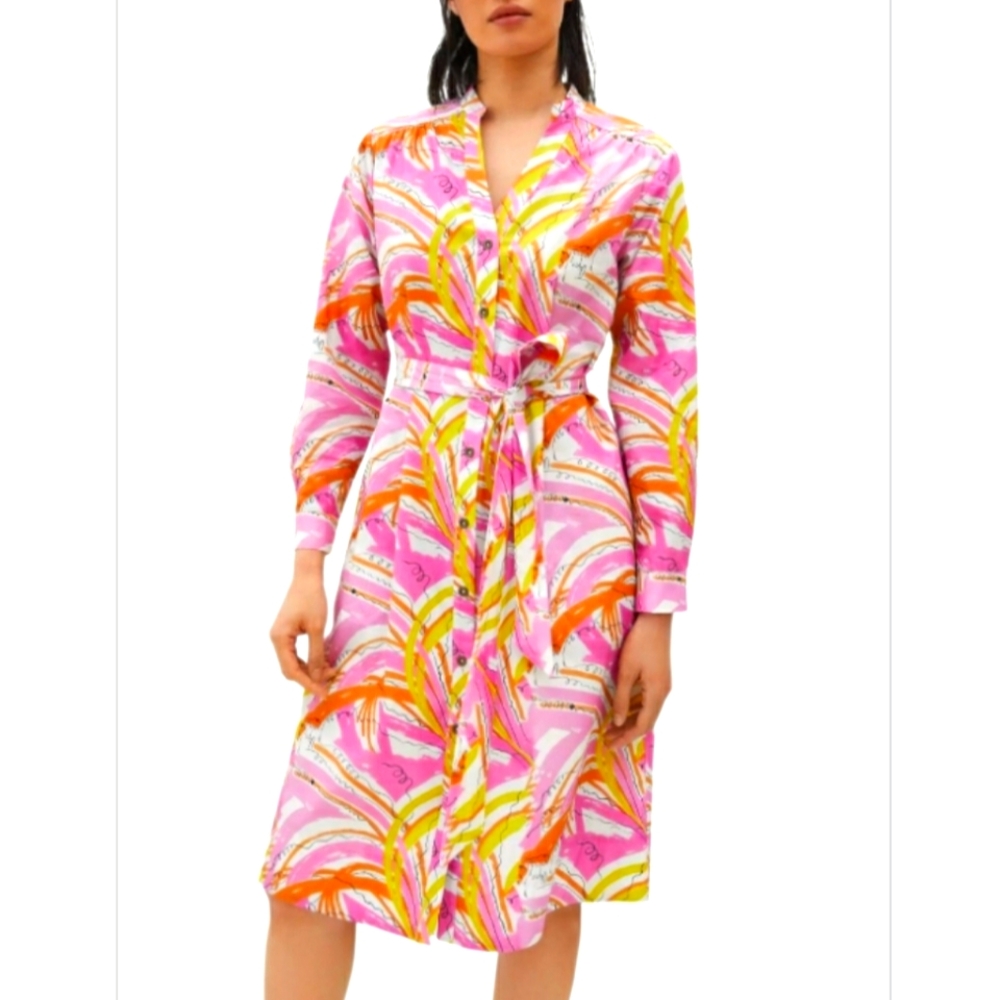 Anthropologie x Vera Neumann Confetti Midi Dress Pink 3/4 To Roll Tab Sleeve